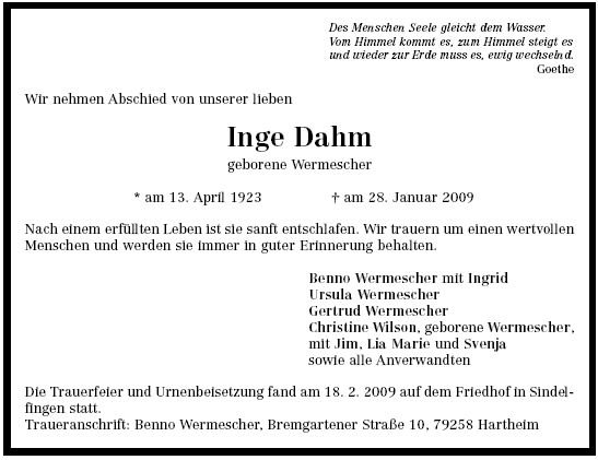 Wermescher Inge 1923-2009 Todesanzeige
